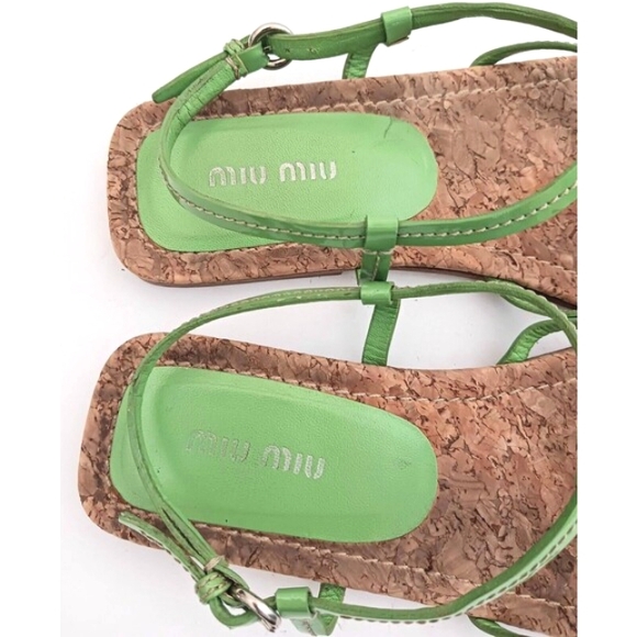 Mui Mui PRADA Green Patent Strappy Flat Sandal Cork Insole 38.5 Made in Italy - Picture 3 of 9